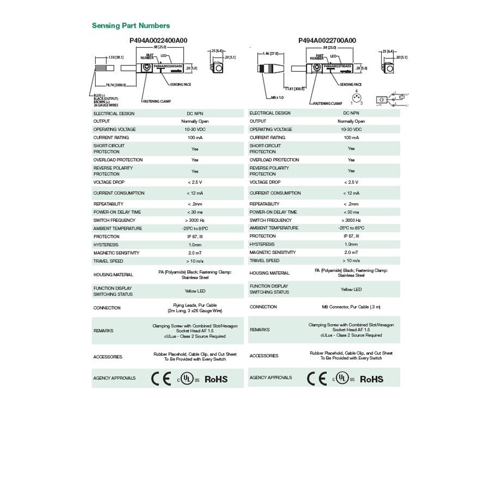 P494A0022700A00 NUMATICS/AVENTICS CYLINDER SWITCH ELECTRONIC, NPN 10-30VDC, LED, M8 QUICK DISC.